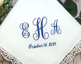 Monogrammed Handkerchief with Date, Embroidered, Personalized Ladies handkerchief with Date, Hankerchief, Hanky, Wedding Hankies