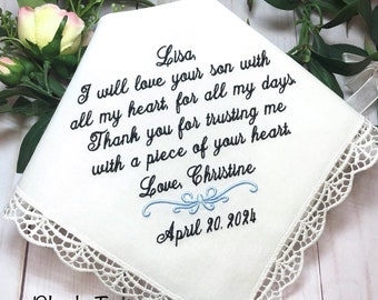 Gift for Mother in Law from Daughter in Law, Handkerchief,I will love your son with all of my heart for all of my days. Groom Mom Gift