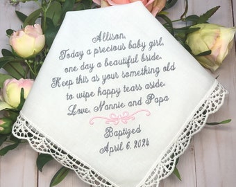 Baby Girl Baptism Gift, Baptism Handkerchief, Embroidered Handkerchief for Baptism Gift, Gift for Baby Girl Baptism, Goddaughter, Godparents