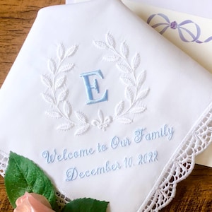 Monogrammed Wedding Handkerchief with Crest Design: Custom Embroidered Cotton Hanky, Something Blue Bridal Gift