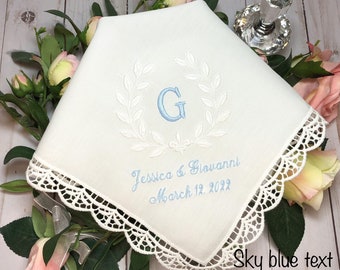 Bride Wedding Handkerchief, Personalized Something Blue Gift,Personalized Monogrammed Handkerchief with Wedding date and Couples Names