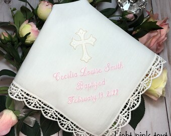 Baptism Gift for Baby Girl - Embroidered Baptism Gift - New Baby Gift - Baptism Handkerchief - Cross - Personalized Christening Gift