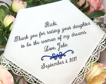 Mother of the Bride Handkerchief - Hanky - gift, Groom to Give Mother of the Bride - Thank you for Raising the woman of my dreams MOB 19