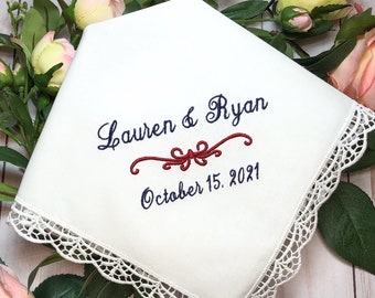 Monogrammed Wedding Handkerchief Gift - Embroidered Handkerchief with Wedding Date - Gift for Bride - Wedding Hankies