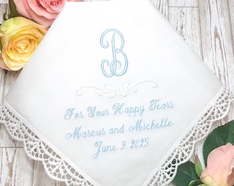 Monogrammed embroidered Wedding Handkerchief for Happy Tears-Bridal Shower gift Gifts for Wedding Guests-something blue bride wedding gift