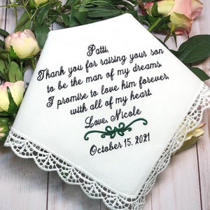 Mother of The Groom Gift, Gift for Mother in Law, Man of my DREAMS-Love him FOREVER with all of my heart wedding handkerchief for groom mom image 1