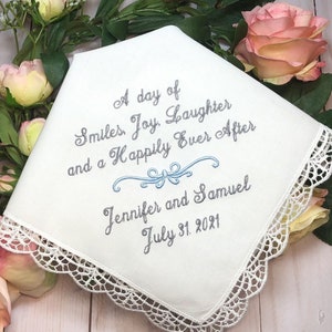 Something Blue Gift for Bride  -Brides Wedding Handkerchief - Wedding - HAPPILY EVER AFTER  - Wedding Hankerchief - Bridal - Personalized