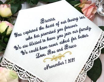 Daughter in law wedding handkerchief from Mother in Law/Embroidered daughter in law hankerchief/Personalized Hanky/Bride Gift from In laws