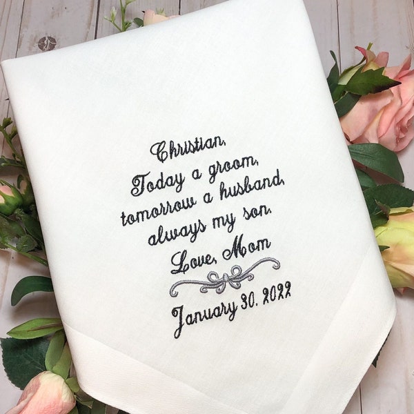 Mother to Son handkerchief  - Today a GROOM  always my SON - Wedding Gift For Groom from Mom - Wedding Hankerchief