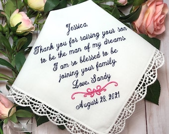 Mother of the Groom hanky -personalized handkerchief-Thank you for raising the man of my dreams-I am blessed to be joining your family