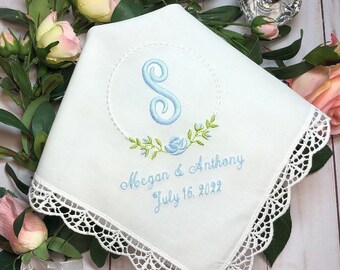 Wedding Handkerchief for Bride, Something Blue Gift, Wedding Shower Gift, Floral Monogrammed Handkerchief,  Wedding handkerchief Gift