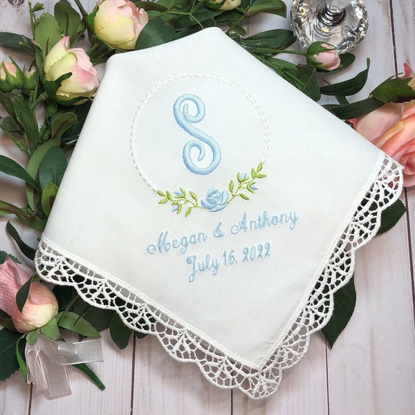 Wedding Handkerchief for Bride, Something Blue Gift, Wedding Shower Gift, Floral Monogrammed Handkerchief,  Wedding handkerchief Gift