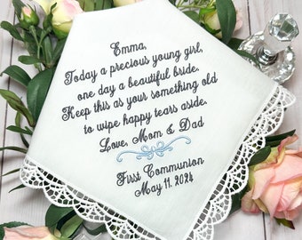 Girl First Communion Gift, First Communion Handkerchief, Embroidered Handkerchief,  Baptism Gift, Gift for First Communion