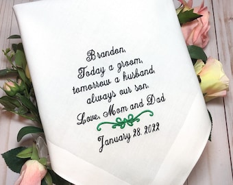 Wedding Handkerchief for Groom from Mom and Dad, Today a GROOM  always OUR SON, Wedding Gift For Groom from Parents, Hankerchief