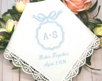 Something Blue Gift for Bride, Bridal Handkerchief,Personalized Hanky,Monogrammed Initials and Wedding date,Embroidered For Happy Tears