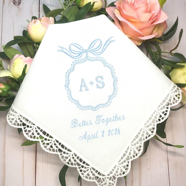 Something Blue Gift for Bride, Bridal Handkerchief,Personalized Hanky,Monogrammed Initials and Wedding date,Embroidered For Happy Tears