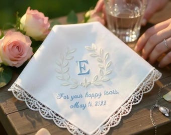 Monogrammed Wedding Handkerchief: Something Blue Gift for Bride, Embroidered