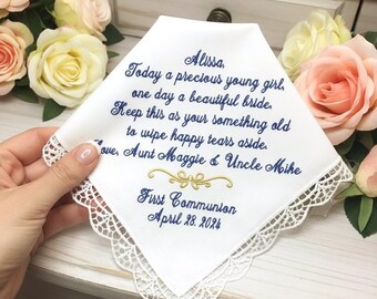 Custom Embroidered First Communion Handkerchief for Girl: Cotton and Lace Keepsake Gift