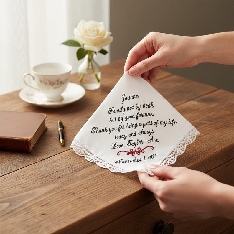 A beautiful white lace handkerchief with  embroidered text that reads: “Family not by birth, but by good fortune. Thank you for being a part of my life. today and always.” a perfect gift for a stepmother of the bride or groom! measures 12” x 12”. 100 % cotton. hand wash. lay flat to dry.