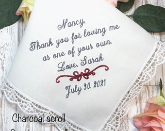 Wedding Handkerchief for stepmother, embroidered  hankerchief from bride or groom for stepmom, Thank you for loving me as one of your own.