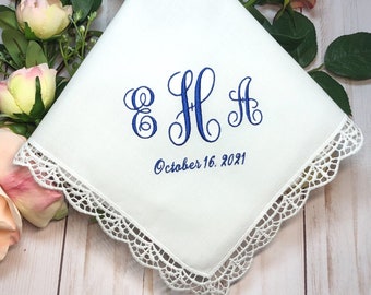 Monogrammed Ladies Handkerchief with Date,Gift for Wedding, Graduation, Anniversary, Mother's Day,Personalized Embroidered Lace Hankerchief