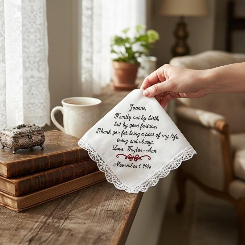 A beautiful white lace handkerchief with  embroidered text that reads: “Family not by birth, but by good fortune. Thank you for being a part of my life. today and always.” a perfect gift for a stepmother of the bride or groom! measures 12” x 12”. 100 % cotton. hand wash. lay flat to dry.
