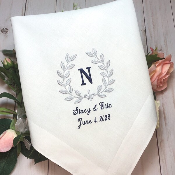 Groom Wedding Handkerchief, Monogrammed Handkerchief for Groom, Wedding Hankerchief, Wedding Day Gift, Groom Wedding Gift, crest design