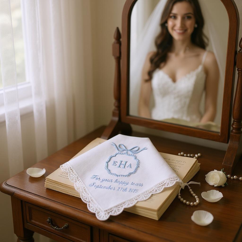 Embroidered MONOGRAMMED BRIDAL HANDKERCHIEF-Personalized Wedding Gift for Bride, Mother of Bride or Groom gift, Note Card Included