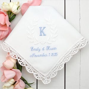 Custom Monogrammed Wedding Handkerchief: Something Blue Bridal Gift, Lace Trim and Crest Design
