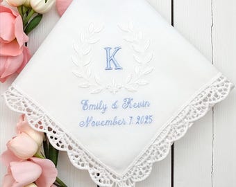 Custom Monogrammed Wedding Handkerchief: Something Blue Bridal Gift, Lace Trim and Crest Design