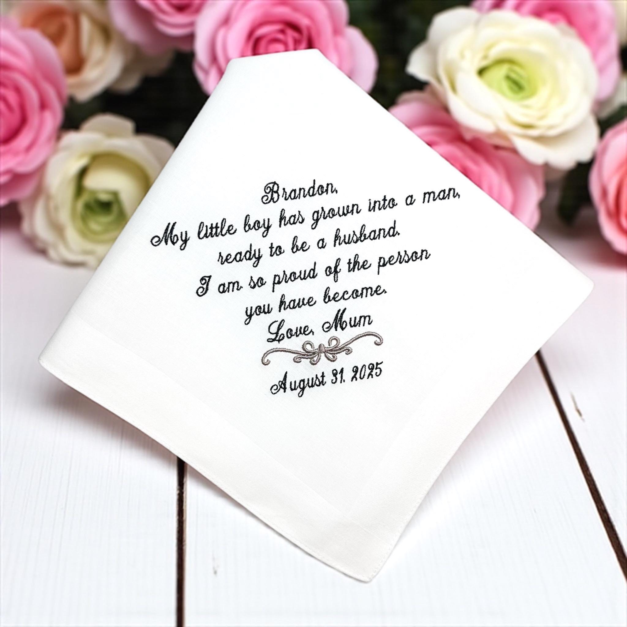 Embroidered Wedding Handkerchief Gift for Son: From Mom and Dad