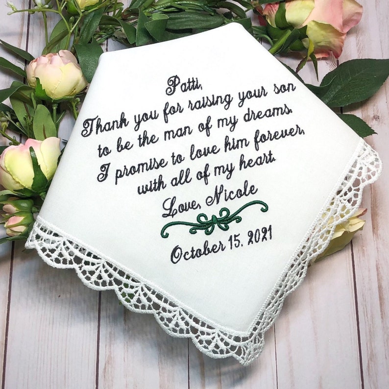 Mother of The Groom Gift, Gift for Mother in Law, Man of my DREAMS-Love him FOREVER with all of my heart wedding handkerchief for groom mom image 1