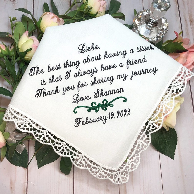 Sister/Wedding/personalized/hankerchief/Handkerchief/Thank you for SHARING MY JOURNEY/Maid of Honor/Bride/Hankies/Hanky image 1