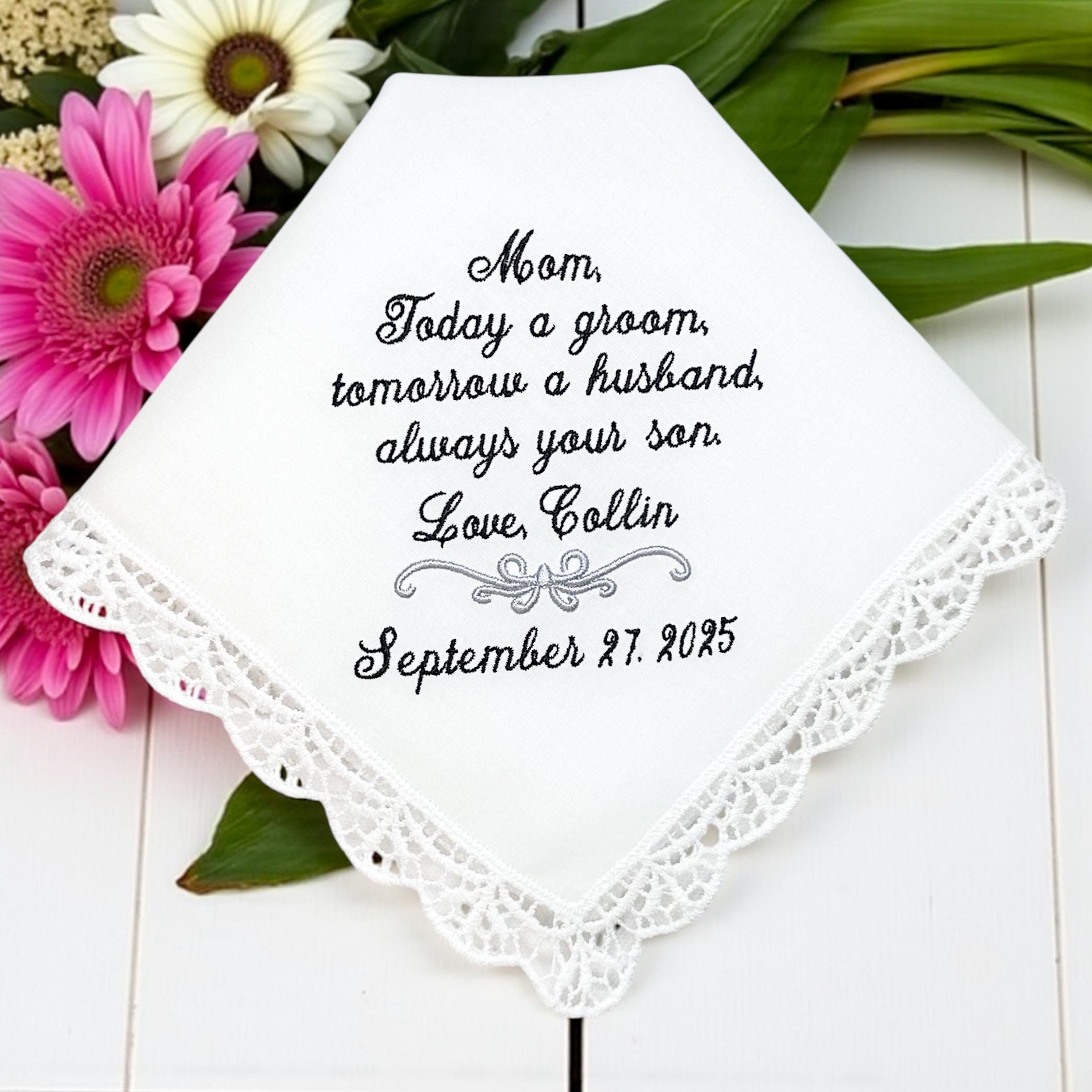 Embroidered Mother of Groom Handkerchief: Wedding Keepsake Gift