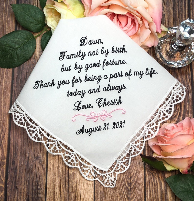 Gift for Stepmother on wedding day-Handkerchief-Family not by birth-but by good fortune-Thank you for being a part of my life-Step Parent