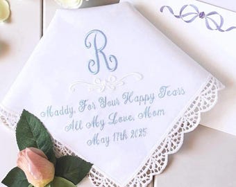 Personalized Embroidered Wedding Handkerchief: Bridal Gift with Note Card