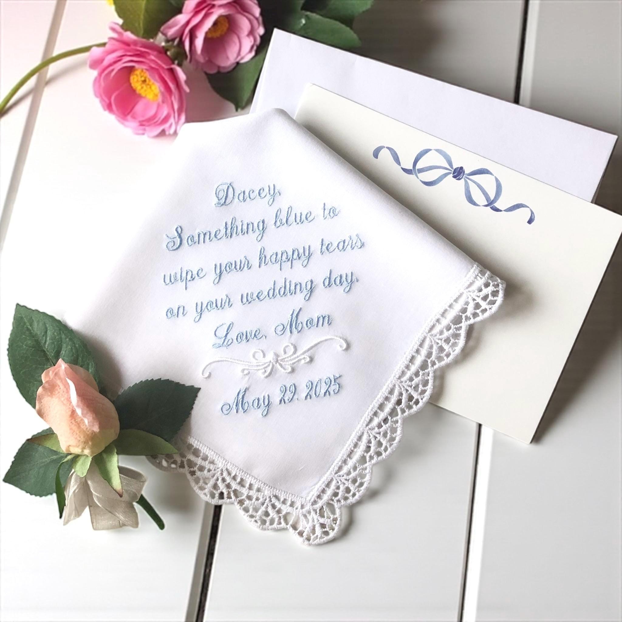 Monogrammed Custom Wedding Handkerchief: Personalized Something Blue Gift for Bride