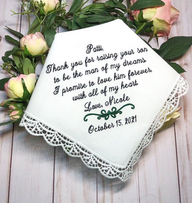 Mother of The Groom Gift, Gift for Mother in Law, Man of my DREAMS-Love him FOREVER with all of my heart wedding handkerchief for groom mom image 5