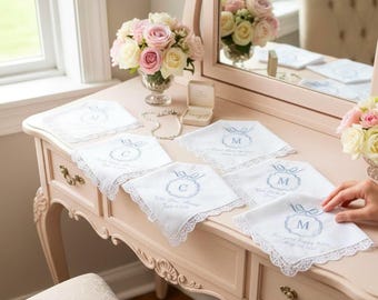 Monogrammed Embroidered Handkerchief with Bow Design: Gift for Wedding Favor, Birthday, Baptism, Birthday