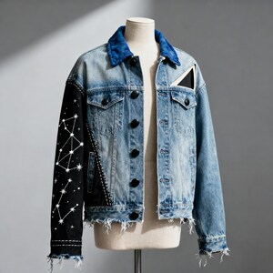Handmade Celestial Constellation Design Denim Jacket, Patchwork Star Embroidered Jean Jacket, Distressed Oversized Men's Streetwear Gift