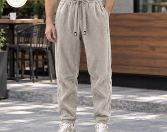 Men's Fleece Corduroy Harem Pants, Elastic Waist Casual Trousers, Cozy Lounge Wear