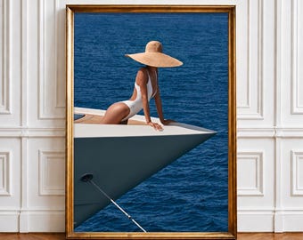 Luxury Yacht Poster, Coastal Wall Art, Mediterranean Summer Print, Ocean Photography, Beach House Decor, Minimalist Travel Artwork