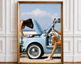 Vintage Blue Car Poster, Retro Beach Print, Italian Riviera Travel Decor (Digital Download)