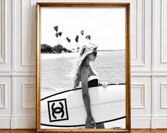 Black and White Surf Girl Poster, Coastal Beach Photography, Summer Decor (Digital Download)