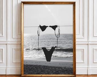 Black and White Bikini Beach Poster | Coastal Summer Wall Art (Digital Download)