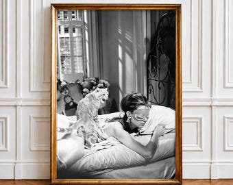 Audrey Hepburn Cat Poster, Black and White Vintage Wall Art, Classic Hollywood Bedroom Print