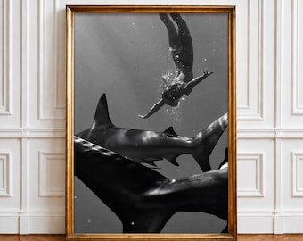 Shark Wall Art, Underwater Diver Poster, Black and White Ocean Print, Marine Life Photography, Coastal Decor, Shark Poster