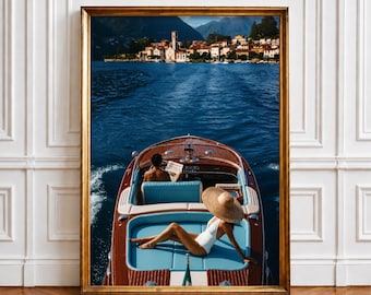 Lake Como Poster, Luxury Boat Wall Art, Italian Summer Photography, Old Money Decor, Mediterranean Travel Print, Italy Artwork