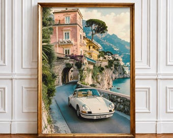 Amalfi Coast Porsche Print, Vintage Italian Riviera Wall Art (Digital Download)