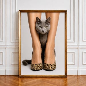 Chique poster met kattenhakken, muurdecoratie met luipaardprint, grappige kattenprint, glamoureuze kleedkamerdecoratie